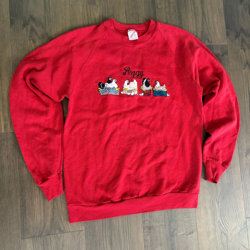 Vintage Women’s Sweater With Chickens and the name Peggy Embroidered